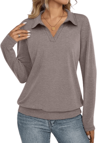 Women's Long Sleeve Polo Shirt – Elegant V-Neck Business Casual Blouse