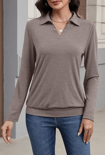 Women's Long Sleeve Polo Shirt – Elegant V-Neck Business Casual Blouse
