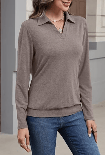 Women's Long Sleeve Polo Shirt – Elegant V-Neck Business Casual Blouse