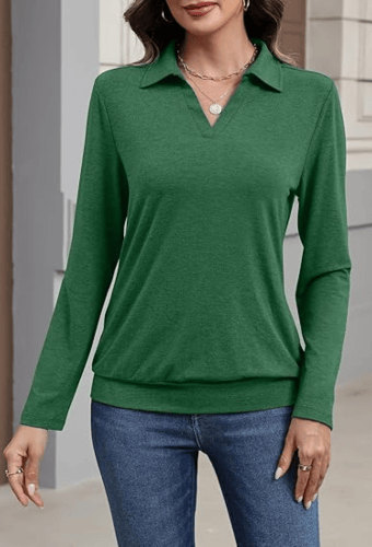 Women's Long Sleeve Polo Shirt – Elegant V-Neck Business Casual Blouse