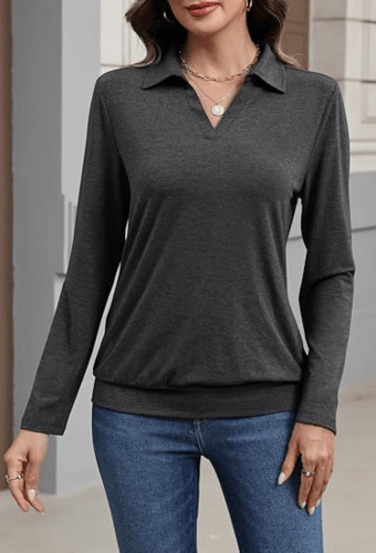 Women's Long Sleeve Polo Shirt – Elegant V-Neck Business Casual Blouse