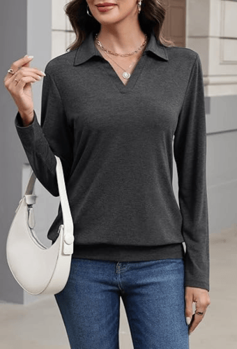 Women's Long Sleeve Polo Shirt – Elegant V-Neck Business Casual Blouse