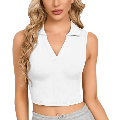 Women's Ribbed Polo Crop Top – Sleeveless V-Neck Collared Tank Top